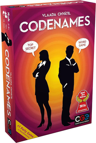 The image displays the box cover of "Codenames" by Czech Games Edition. Silhouettes are set against an orange gradient, with speech bubbles stating "Top Secret" and "Word Game." Ideal for game nights, it features awards like "Spiel des Jahres 2016.