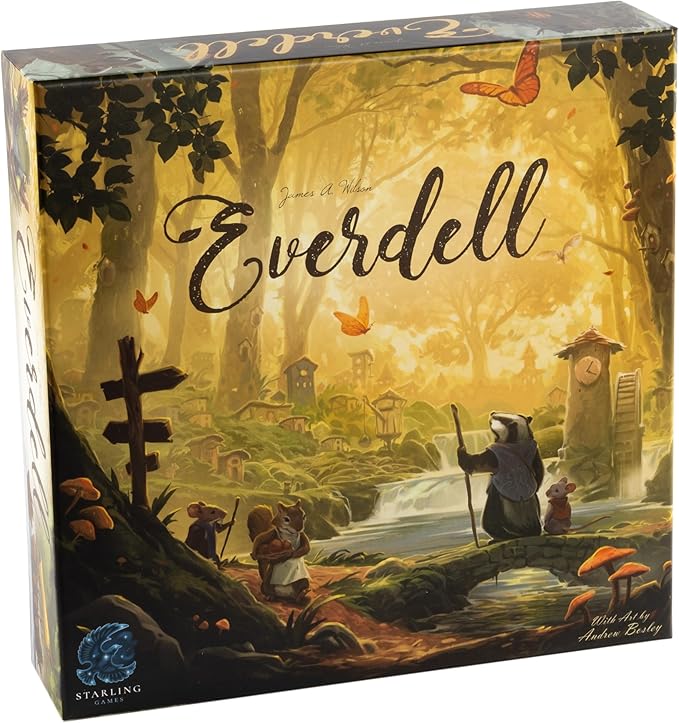 The image displays the box art for "Everdell, 3rd Edition" by Starling Games, featuring a charming woodland scene with anthropomorphic animals like a badger and mice amidst a vibrant forest. A 3D tree, houses, and butterflies enhance the warm golden tableau.