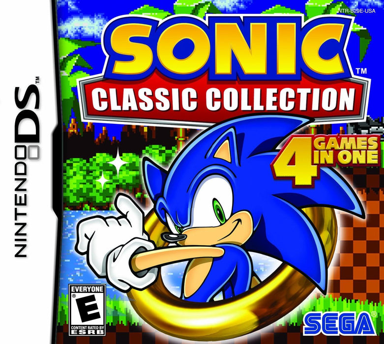 Cover art of "Sonic Classic Collection" for Nintendo DS features Sonic the Hedgehog in a running pose, pointing ahead, with a golden ring around him. The background displays a vibrant, pixelated Green Hill Zone. Text indicates "4 Sonic the Hedgehog games in One" and the game rating is "E for Everyone" by ESRB. The game is provided by Everything Games.