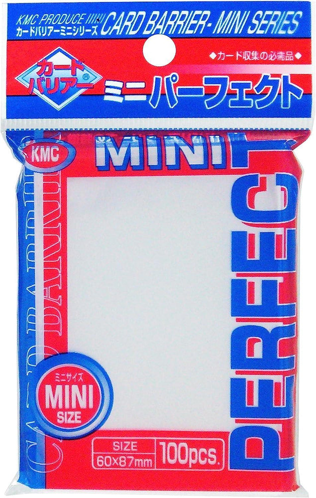 The packaging for KMC MINI SLEEVE: PERFECT SIZE, CLEAR, 100CT features a colorful design in red, blue, and white with Japanese text. "MINI PERFECT" is displayed vertically to emphasize the sleeve dimensions of 60x87mm and includes 100 pieces per pack. A red circle prominently showcases the "MINI SIZE.