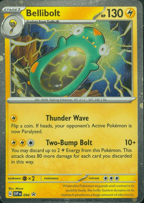 A Pokémon trading card featuring Bellibolt (094) (Cosmos Foil) [Scarlet & Violet: Black Star Promos] from the Pokémon series. Bellibolt is a green, rotund, semi-transparent Lightning Type creature with yellow and blue spots, an electric symbol on its belly, and two antennae. Its card stats are HP 130, Thunder Wave, Two-Bump Bolt. The card is illustrated by Mizue and numbered SVP EN 094 in the Pokémon collection.



