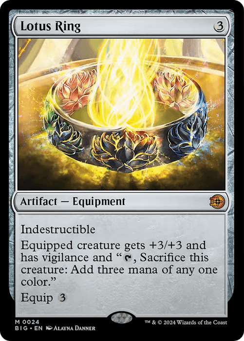 A Magic: The Gathering card titled "Lotus Ring [Outlaws of Thunder Junction: The Big Score]". This mythic artifact-equipment card costs 3 colorless mana and features an ornate ring with a lotus flower design, emitting golden light. It makes the equipped creature indestructible, gives it +3/+3, and generates three mana of a chosen color when sacrificed. Equip cost is 3. Illustrated