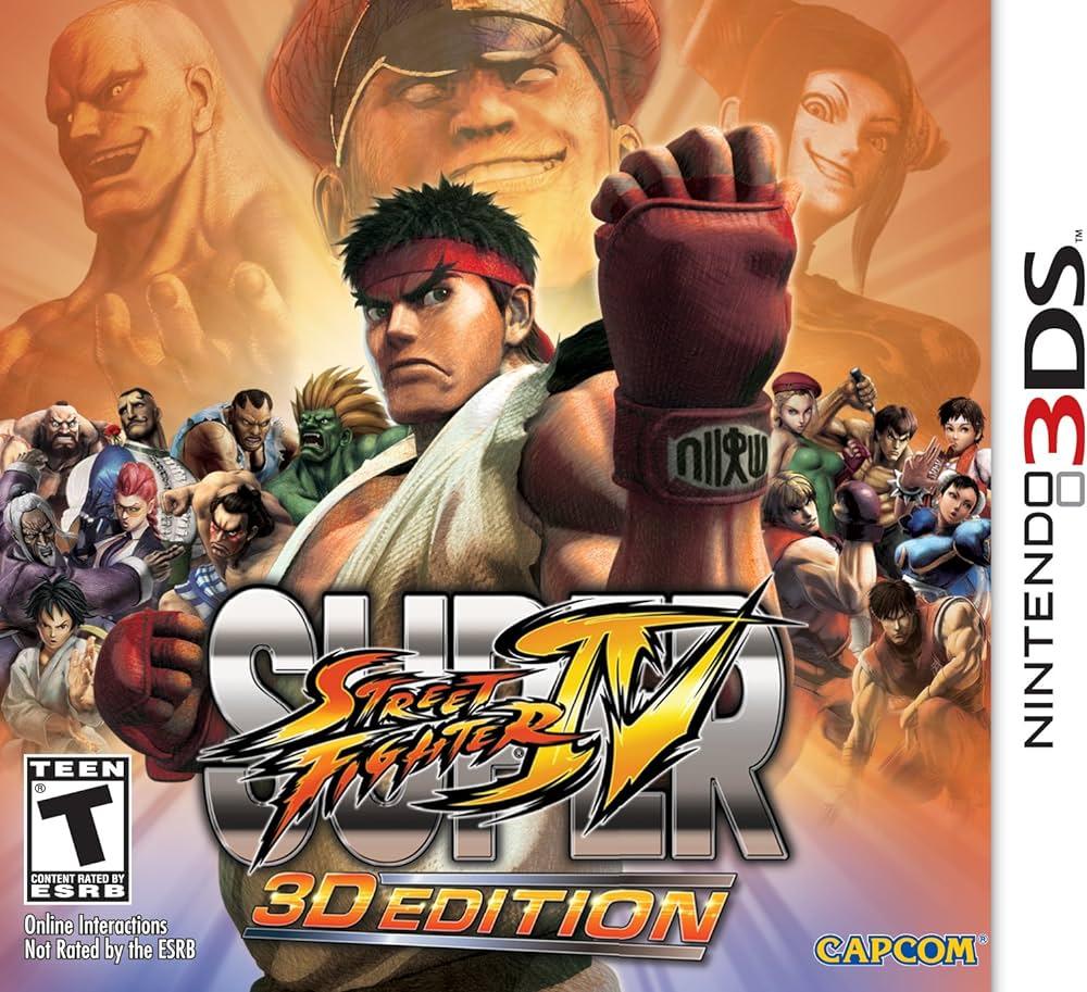 The cover art for "Super Street Fighter 4 3D Edition" on Nintendo 3DS features stunning 3D visuals, with a central muscular fighter in a gi and action-packed Street Fighter characters. The logo displays the title, with Everything Games brand and an ESRB Teen rating present.