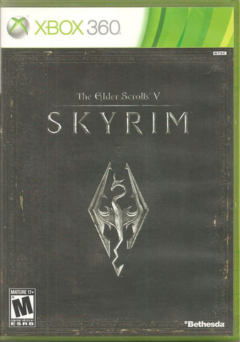 The cover for "Elder Scrolls Skyrim (Xbox 360)" by Everything Games has a black background, a silver dragon emblem, the title above it, Xbox 360 branding at the top, and an "Mature 17+" ESRB rating with the Bethesda logo in the bottom corners.