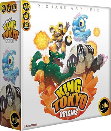 The "King of Tokyo: Origins" board game by iello features a box cover with colorful illustrations of mutant monsters, including a green dragon, yellow mech, and blue ice creature in explosive chaos. Engage in dice strategy for 2-4 players, ages 8+, in an exciting 30-minute playtime. Created by Richard Garfield and Ré́gis Torres.