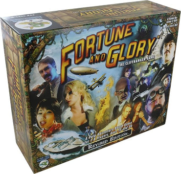 Fortune and Glory - Revised Edition" by Flying Frog Productions offers a thrilling board game experience for 1-8 players aged 12+. The cover features adventurous characters, a zeppelin, and lush jungle scenes, capturing the essence of cliffhanger pulp action.