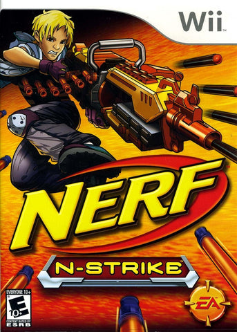 The "Nerf N Strike" cover by Everything Games features a blond animated character aiming a futuristic Nerf gun against a vibrant orange background with motion lines and flying darts. The title and EA logo stand out, rated for Everyone 10+.