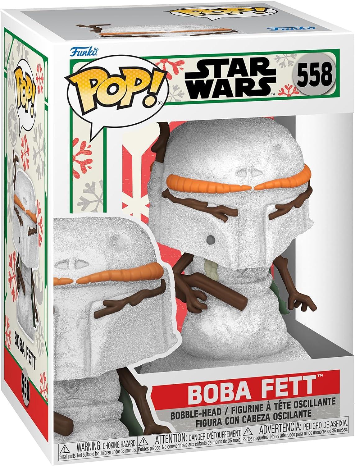 The Funko Pop! Star Wars Holiday: Boba Fett Snowman vinyl bobblehead showcases a festive design. Presented in a transparent box, this collectible features Boba Fett dressed in silver metallic armor with a brown cloth wrap and is decorated with snowflake patterns. The box is labeled number 558.