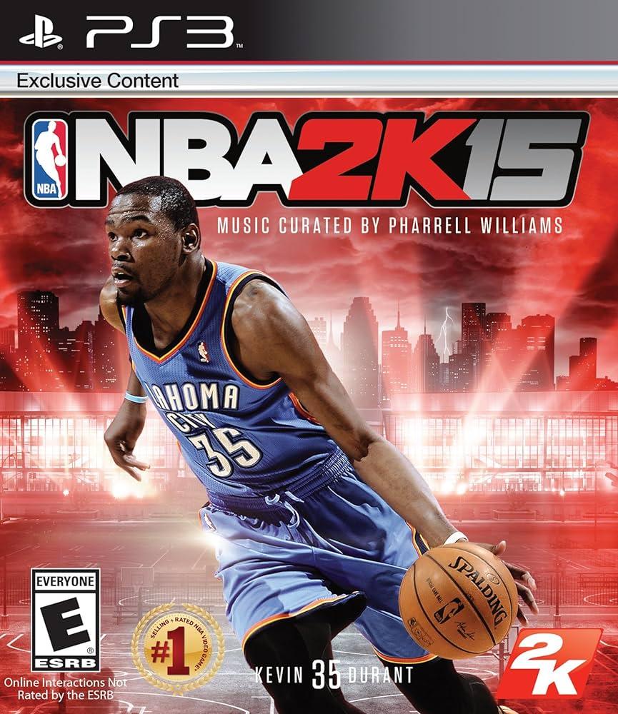 The "NBA 2K15" cover art displays a player in a blue "Oklahoma City" jersey, number 35, against a stylized court with red lighting. Crafted by Everything Games for PS3 and featuring Pharrell Williams' curated music, the game, rated Everyone, includes the popular MyCareer mode.