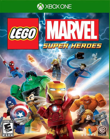 Cover art for the Xbox One action-adventure game "LEGO Super Heroes" by Everything Games. The image features LEGO versions of iconic Marvel superheroes: Iron Man, Hulk, Thor, Spider-Man, Wolverine, Captain America, Black Widow, and The Thing, all in dynamic action poses. The game's logos are prominently displayed.