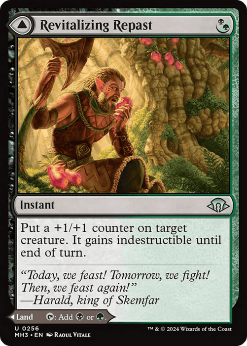 A Revitalizing Repast // Old-Growth Grove Magic: The Gathering card from Modern Horizons 3. The artwork depicts a greenish-brown clad elf warrior eating berries in a lush forest. The instant grants +1/+1 and indestructibility to a target creature until end of turn. Flavor text: "Today, we feast!...".