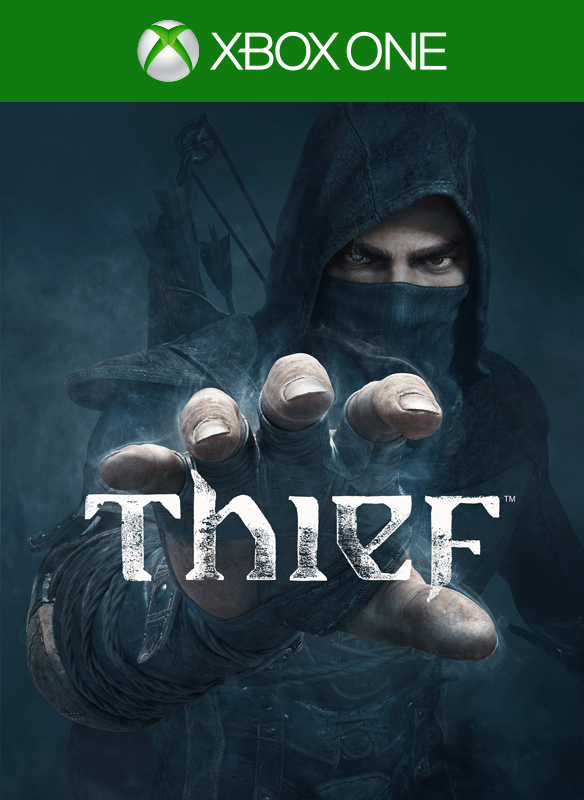 The Xbox One game "Thief" by Everything Games features a hooded figure with a masked face reaching forward, set against an eerie, misty background resembling a Victorian city, with the title prominently displayed in the center.