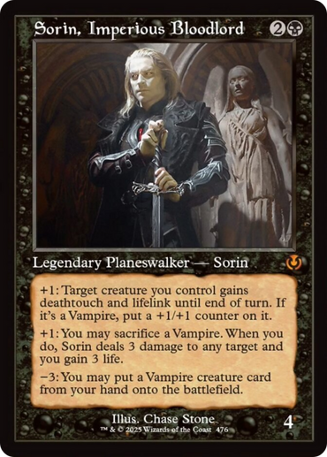 The Magic: The Gathering card "Sorin, Imperious Bloodlord (Retro Frame) [Innistrad Remastered]" shows Sorin, a legendary planeswalker in dark attire with a sword, alongside a winged statue. The card has ornate dark borders and abilities with point values. Art by Chase Stone.