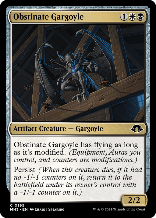 Obstinate Gargoyle [Modern Horizons 3]" is an Artifact Creature from Magic: The Gathering. This 2/2 gargoyle with a mana cost of 1 white and 2 black mana features flying and persist. It depicts a flying gargoyle holding a mace, standing on a column, ready to dominate the skies.