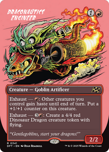 The "Draconautics Engineer" (Borderless) [Aetherdrift] card from Magic: The Gathering showcases a Goblin Artificer on a mechanical dinosaur dragon. It features vibrant designs with fiery exhaust, dynamic poses, details about haste and dragon token abilities, and includes flavor text.