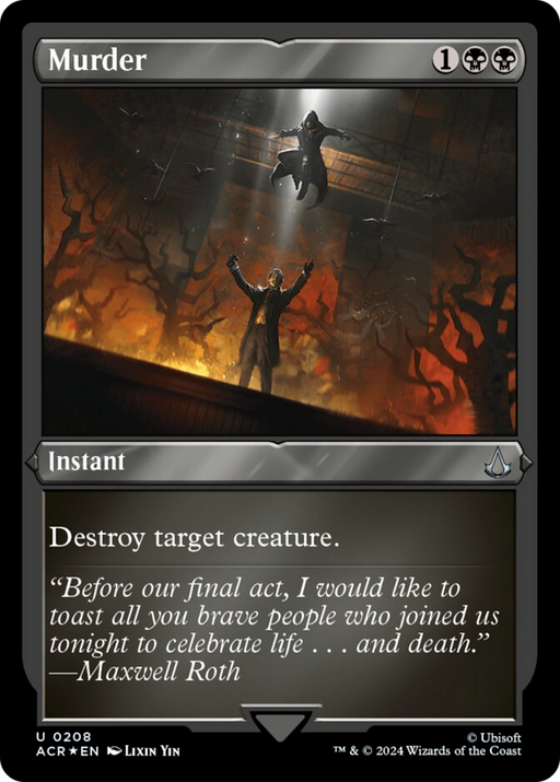 A Magic: The Gathering card named "Murder (Foil Etched) [Assassin's Creed]," commonly found in decks, is an instant costing 1 generic and 2 black mana with the text "Destroy target creature." The artwork evokes an Assassin's Creed vibe, featuring a dramatic scene of one figure standing on a ledge above another in a dimly lit industrial setting.