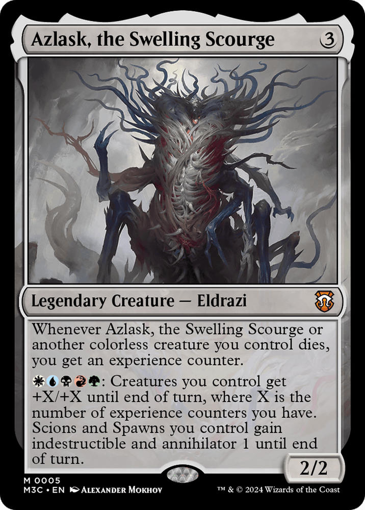 The image depicts a Magic: The Gathering card titled "Azlask, the Swelling Scourge [Modern Horizons 3 Commander]." This Mythic Legendary Creature Eldrazi has a dark, grotesque form with multiple limbs and tendrils. It possesses abilities tied to experience counters and strengthening creatures, boasting stats of 2/2.