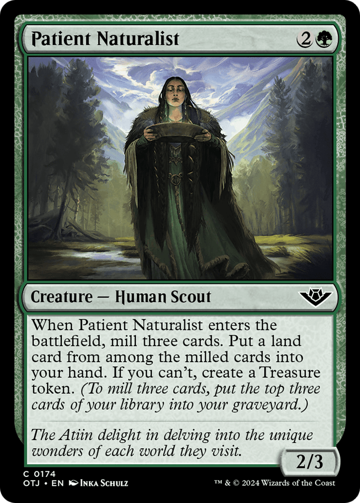 The image showcases a Magic: The Gathering card called "Patient Naturalist [Outlaws of Thunder Junction]." It depicts a human scout with a nature-themed object, set against a dark and mystical background. The card's description highlights themes of exploration and discovery, featuring an ability to mill three cards.