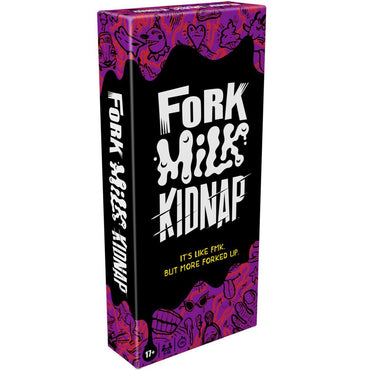 The colorful box for Hasbro Gaming's "Fork Milk Kidnap" features quirky doodle designs in purple and black. This NSFW adult party game is described as “It’s like FMK, but more forked up” and is ideal for ages 17 and up.