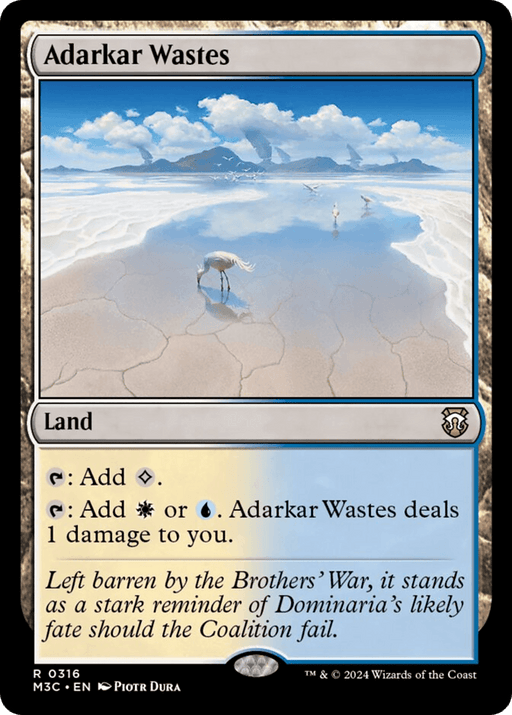 A *Magic: The Gathering* card titled "Adarkar Wastes [Modern Horizons 3 Commander]" from Modern Horizons 3. This Land card can produce one colorless mana or one white or blue mana, dealing 1 damage to the player. The artwork depicts a barren, icy wasteland with calm, reflective water and a lone crane—perfect for any Commander deck.