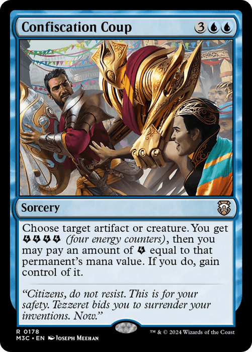 A Magic: The Gathering card titled "Confiscation Coup (Ripple Foil) [Modern Horizons 3 Commander]". This sorcery has a blue border and requires three generic and two blue mana to cast. The artwork depicts a dramatic scene with armored figures seizing artifacts. Below the art are the rules text, energy counters, and flavor text.