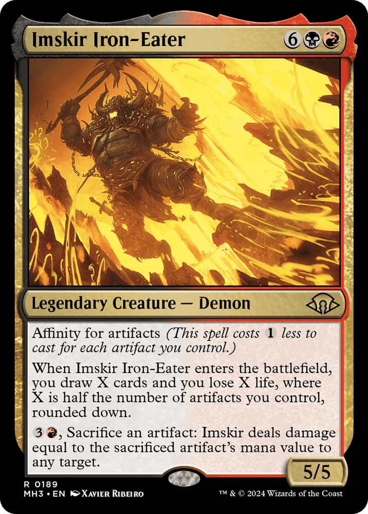 A Magic: The Gathering card from Modern Horizons 3 titled "Imskir Iron-Eater [Modern Horizons 3]," featuring artwork of a horned demon wielding a flaming weapon. This red and black Legendary Creature — Demon has an affinity for artifacts and several abilities involving cards and life loss, with a power/toughness of 5/5.