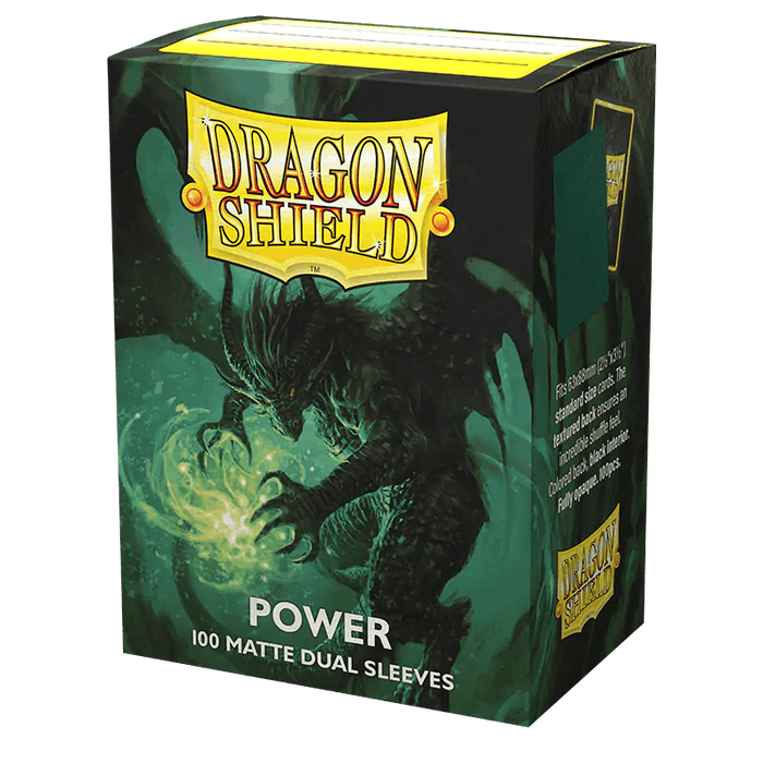 A box of Dragon Shield: Standard 100ct Sleeves - Power (Dual Matte) by Arcane Tinmen is depicted. The front shows a green dragon casting a spell with glowing energy in its claws. The packaging text reads, "Dragon Shield Power 100 Matte Dual Sleeves." The Dragon Shield logo is prominently displayed at the top and on the side.