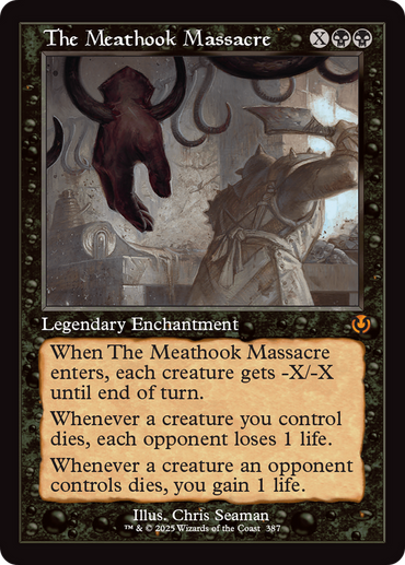 The Meathook Massacre (Retro Frame) from Magic: The Gathering's Innistrad Remastered features a shadowy butcher and severed head, with its black mana card abilities affecting life loss and gain when creatures die.