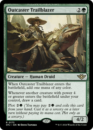 A Magic: The Gathering product titled "Outcaster Trailblazer [Outlaws of Thunder Junction]." It depicts a human druid with a wide-brimmed hat and staff, accompanied by a large reptile. The card details include its mana cost, abilities, power and toughness, and a plot mechanic explanation. The text colors are green and black.