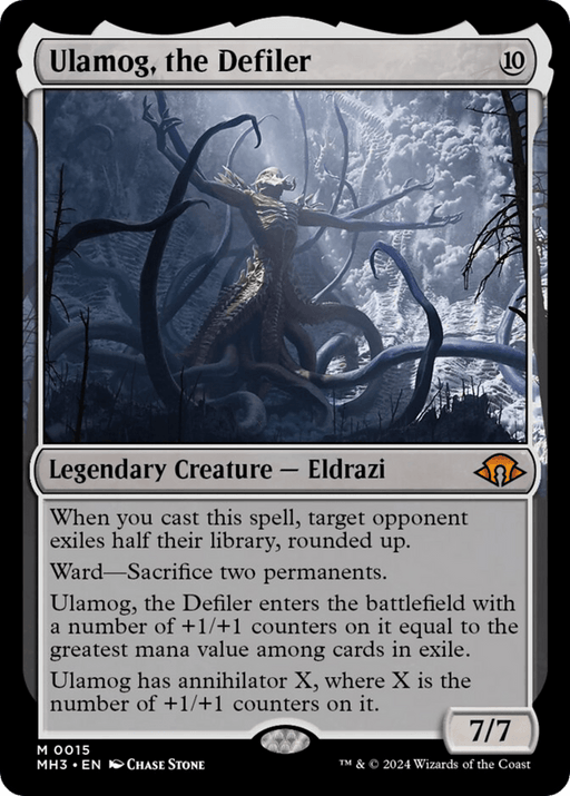 A Magic: The Gathering card from Modern Horizons 3, titled "Ulamog, the Defiler [Modern Horizons 3]." This Legendary Creature features a monstrous Eldrazi with tentacles in a dark, eerie forest. It has a mana cost of 10 colorless and abilities like exiling an opponent's library and sacrificing permanents. Illustrated by Chase Stone.