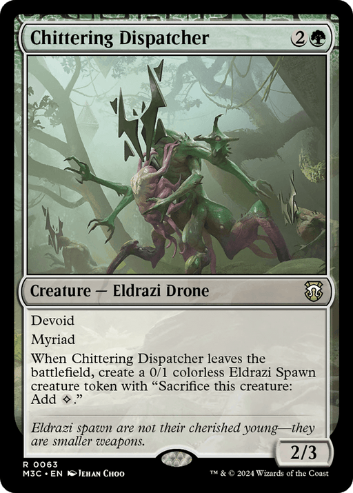 A Magic: The Gathering card named Chittering Dispatcher [Modern Horizons 3 Commander] from Magic: The Gathering. The card depicts a green, multi-limbed Eldrazi Drone with sharp appendages, standing in a swampy, misty forest. With power/toughness of 2/3 and abilities Devoid and Myriad, it has unique effects when it leaves the battlefield.
