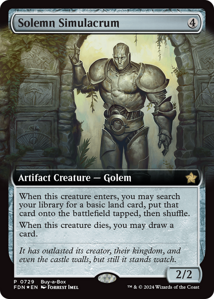 The Solemn Simulacrum (Extended Art) card from the Foundations Promos' Buy-A-Box collection in Magic: The Gathering depicts a golem standing with a stoic posture amidst lush, overgrown ruins. The artifact creature is centrally positioned, framed by a bluish-grey border that suggests its powerful abilities in the fantasy card game world.