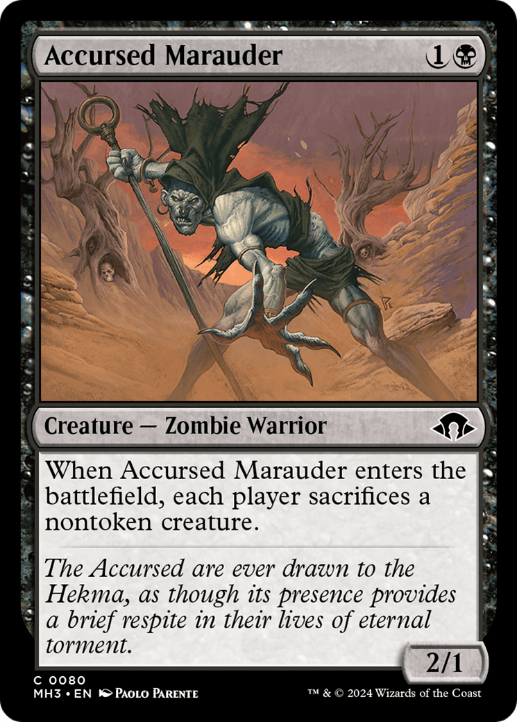 A Magic: The Gathering card from Modern Horizons 3 titled Accursed Marauder [Modern Horizons 3] features a skeletal Zombie Warrior leaping forward with a sword. Costing 1 generic and 1 black mana, its ability forces each player to sacrifice a nontoken creature. This formidable creature is a 2/1 Zombie Warrior.