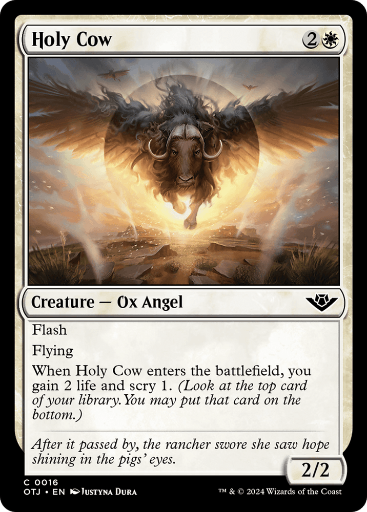 The image features a Magic: The Gathering card, "Holy Cow," from Outlaws of Thunder Junction, illustrating an Ox Angel creature with flash and flying abilities. With glowing eyes and wings in a radiant sky, it includes detailed descriptions and artwork credits.