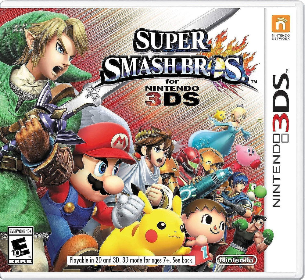 The cover image for "Super Smash Bros. - Nintendo 3DS" by Nintendo showcases famous characters like Link, Mario, Pikachu, and Kirby in action poses. The Nintendo 3DS logo is on the right side, with an ESRB rating of Everyone 10+. A vibrant explosion creates the backdrop.