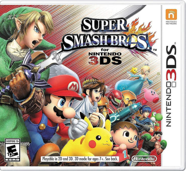 The cover image for "Super Smash Bros. - Nintendo 3DS" by Nintendo showcases famous characters like Link, Mario, Pikachu, and Kirby in action poses. The Nintendo 3DS logo is on the right side, with an ESRB rating of Everyone 10+. A vibrant explosion creates the backdrop.