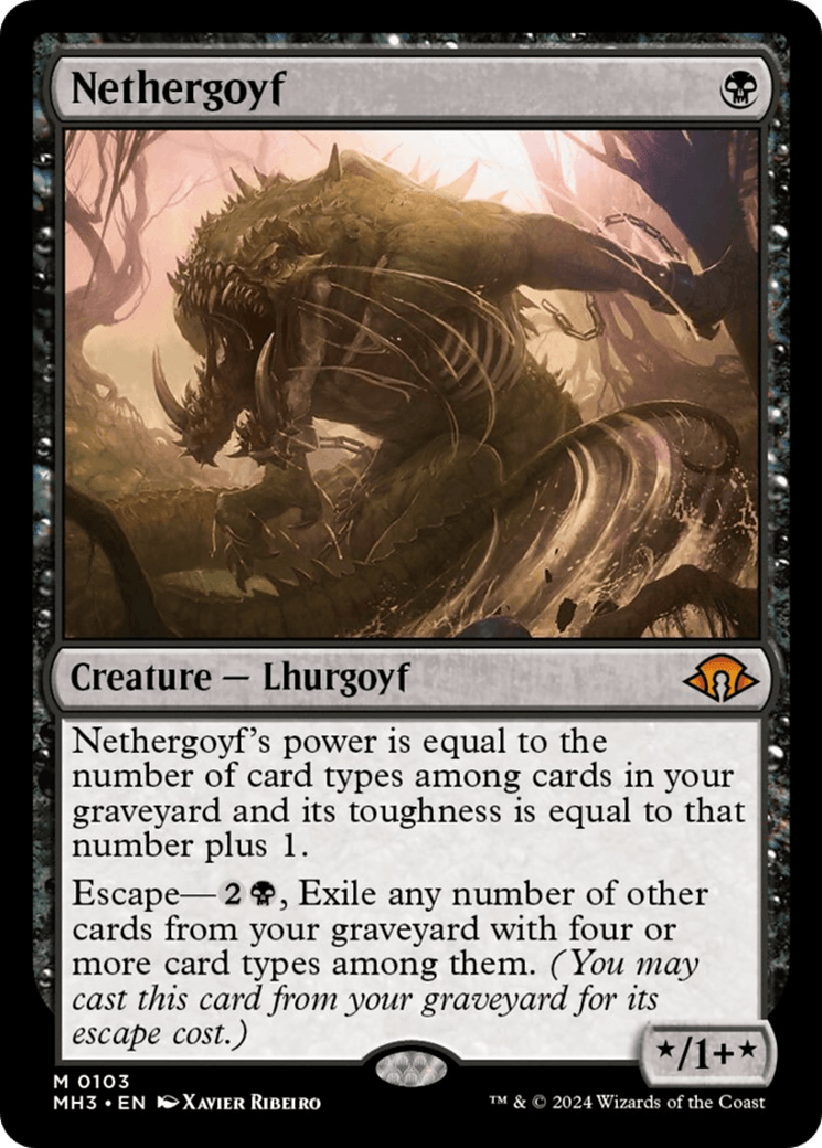 A Nethergoyf [Modern Horizons 3] Magic: The Gathering card displaying a large, monstrous Creature — Lhurgoyf emerging from a dark landscape. The text describes its variable power/toughness based on graveyard card types and includes an 