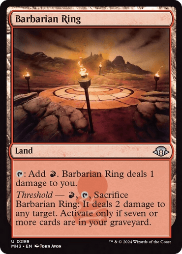 An image of the Magic: The Gathering product "Barbarian Ring [Modern Horizons 3]". This red-bordered land card features art depicting a ring of stone pillars at sunset, with lit torches and a desolate landscape. Text reads: {T}: Add {R}. Barbarian Ring deals 1 damage to you. Threshold — {R}, {T}, Sacrifice Barbarian Ring