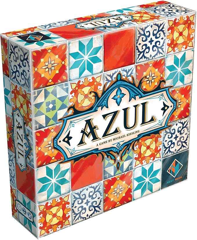 The image displays the Azul game box from Next Move, featuring colorful tile mosaics in blue, red, and orange. The game's name stands out in bold, stylized letters at the center, surrounded by decorative accents.