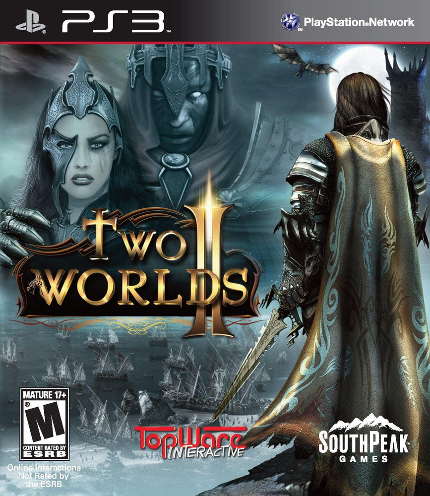 Cover art for "Two Worlds 2" on PS3: A warrior with a cape holds a sword, facing a ghostly face in the clouds, hinting at the magic system. Boats and a castle are seen in the background. Logos for PS3, PlayStation Network, Everything Games, and SouthPeak Games appear. Rated M.