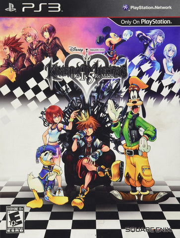 The "Kingdom Hearts HD 1.5 Remix" PS3 cover features Sora, Kairi, and Riku in front with Donald Duck, Goofy, and Mickey Mouse. More characters appear in the background. Disney, Square Enix, and PS3 logos are displayed. Kingdom Hearts Final Mix is ESRB-rated E10+.