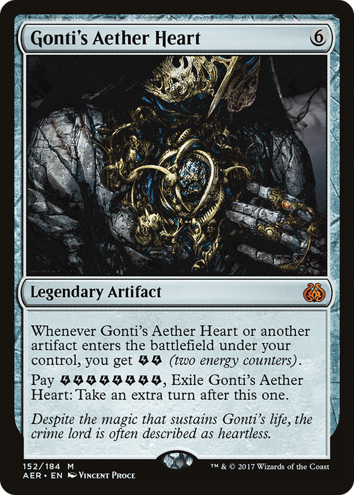 An image of the Magic: The Gathering card "Gonti's Aether Heart (Ripple Foil) [Modern Horizons 3 Commander]," a Legendary Artifact from Modern Horizons 3. This card, with a casting cost of six colorless mana, boasts intricate artwork of an ornate heart and has abilities to generate energy counters and take an extra turn by exiling it.