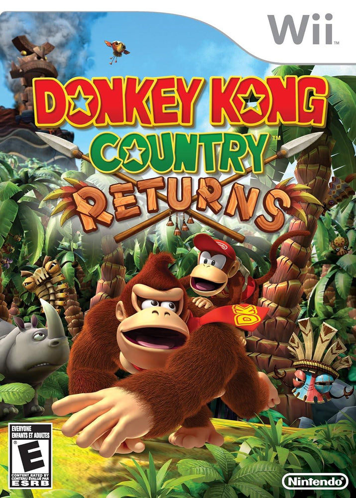 The cover art for Nintendo's Wii game, "Donkey Kong Country Returns," depicts Donkey Kong and Diddy Kong engaging in an energetic adventure through a vivid jungle. Surrounded by lush greenery and a cascading waterfall, they navigate a side-scrolling experience with animals like a rhino. The game's logo prominently crowns the top of the artwork.