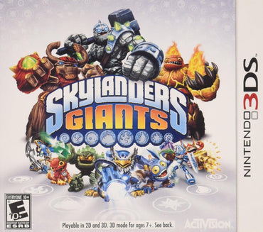 Cover art for "Skylanders Giants" on Nintendo 3DS, featuring vibrant characters in dynamic poses with the title prominently centered. Rated E10+ and published by Everything Games.