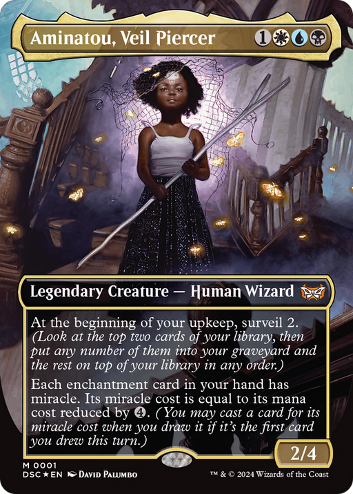 A spell card titled "Aminatou, Veil Piercer (Borderless) [Duskmourn: House of Horror Commander]" from the game Magic: The Gathering. The card features an illustration of a young, dark-skinned Human Wizard with curly hair, wearing a white dress and holding a glowing object. Brown, glowing symbols and artifacts surround her in a mystical setting.