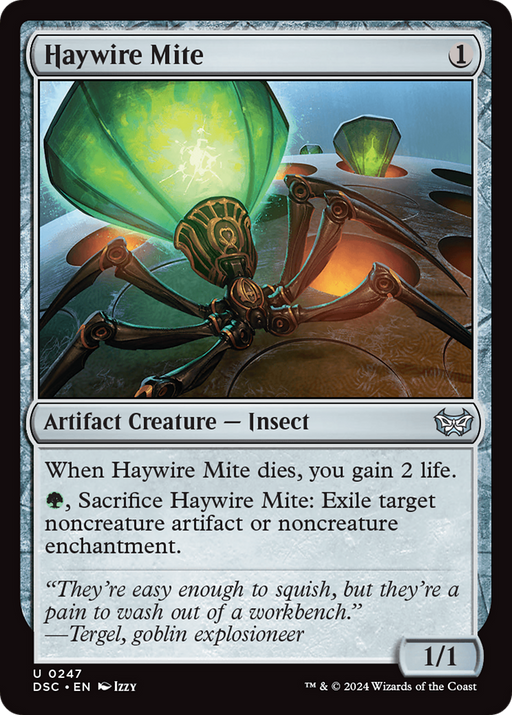 The "Haywire Mite [Duskmourn: House of Horror Commander]" card from Magic: The Gathering features an insect-like artifact creature with mechanical legs and a glowing green core set against a metallic background. With a mana cost of just one, this Artifact Creature - Insect boasts power/toughness of 1/1, making it an ideal addition to your Duskmourn: House of Horror Commander deck!