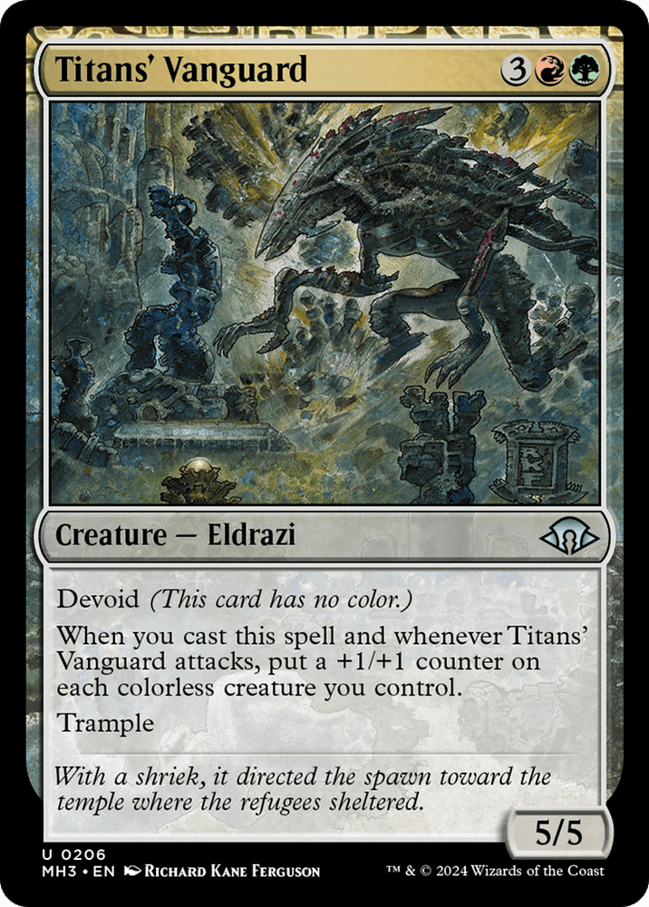 Titans' Vanguard [Modern Horizons 3], from Magic: The Gathering, is a card with a 5/5 power and toughness rating. It costs 3 generic mana, 1 black mana, and 1 green mana to cast. Featuring an alien-like Eldrazi creature with Devoid, +1/+1 counters, and Trample. Art by Richard Kane Ferguson.