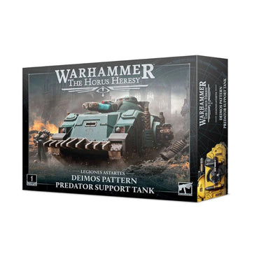 The "DEIMOS PATTERN: PREDATOR SUPPORT TANK" box by Games Workshop features a Legion Support Predator on an industrial battlefield, with smoke and an orange sky enhancing its power. The detailed illustration prominently displays the brand's logos.