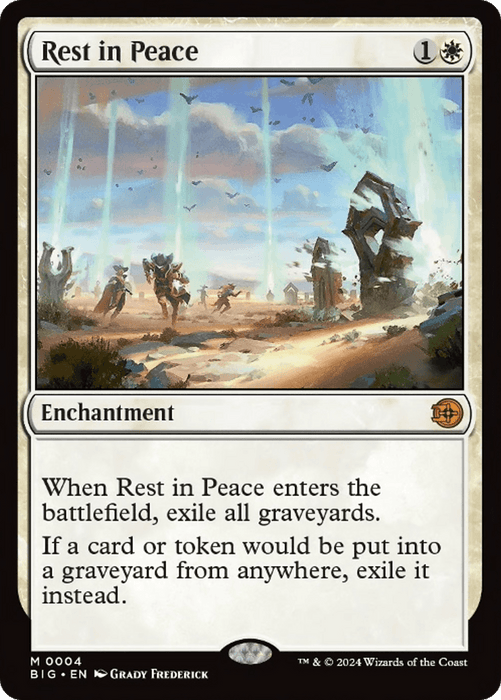 A Magic: The Gathering card titled "Rest in Peace [Outlaws of Thunder Junction: The Big Score]." The card costs one white mana and one generic mana to cast. As an Enchantment, its art depicts a desolate landscape with shattered statues and beams of light. The text details its mythic ability to exile all graveyards and future cards or tokens. Illustrated by Grady Frederick.