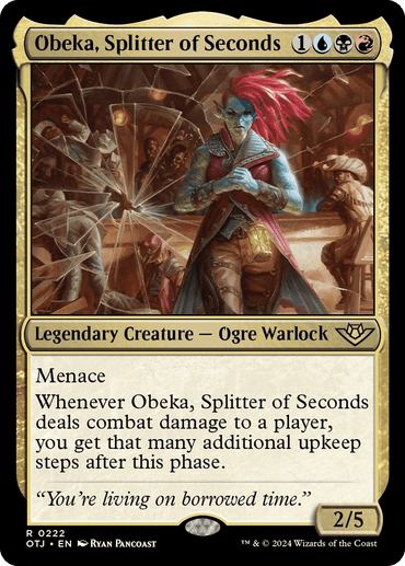 A Magic: The Gathering product named "Obeka, Splitter of Seconds [Outlaws of Thunder Junction]." This rare ogre warlock with blue skin, red hair, and hefty armor hails from the Outlaws of Thunder Junction set. It costs 1 blue, black, and red mana. It's a legendary creature with 2/5 power and toughness, featuring Menace and a triggered ability that grants extra upkeep steps.